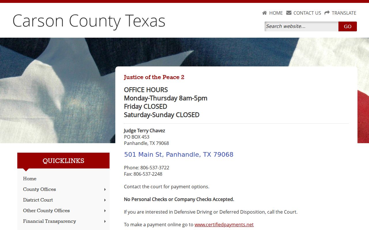 Carson County bench warrant records, JP2 hours and court payment information