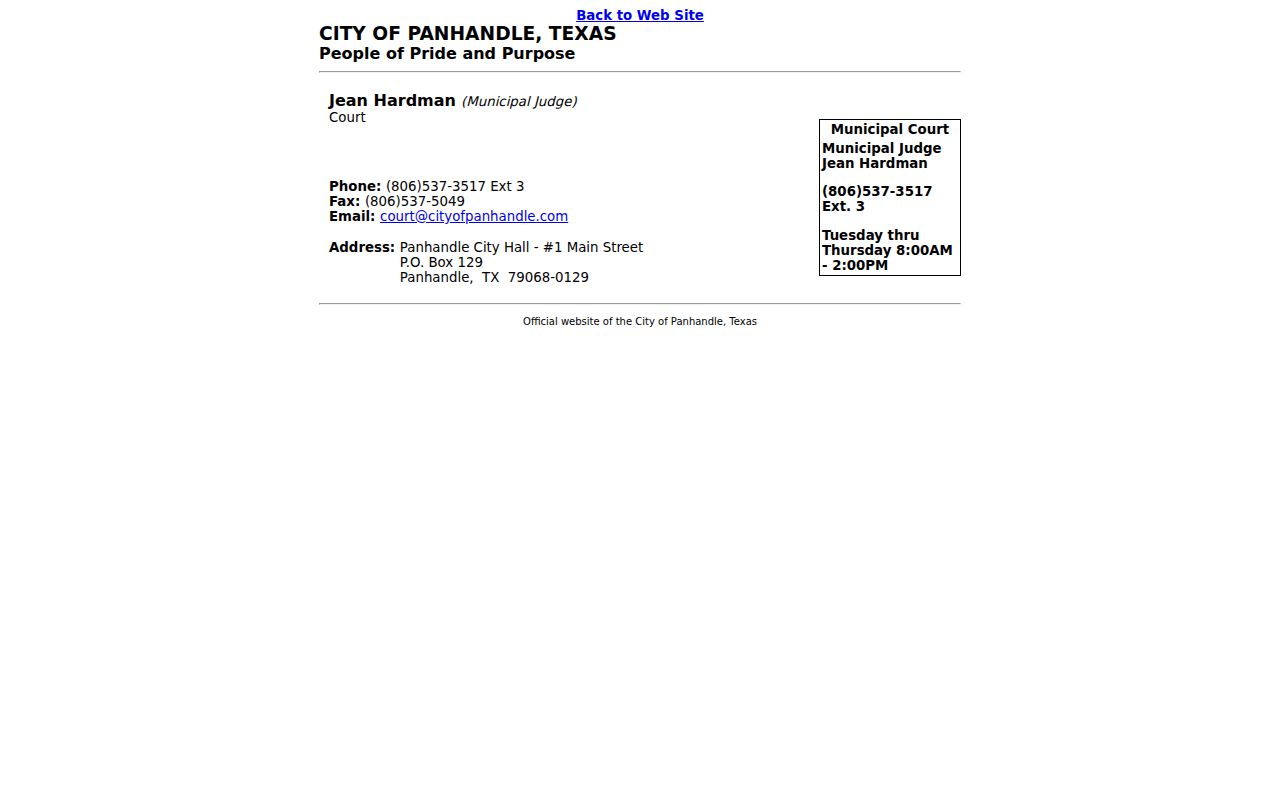 Carson County Panhandle municipal warrant records, municipal court contact page