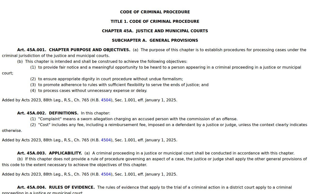 Carson County bench warrant records, current Texas Chapter 45A recall text