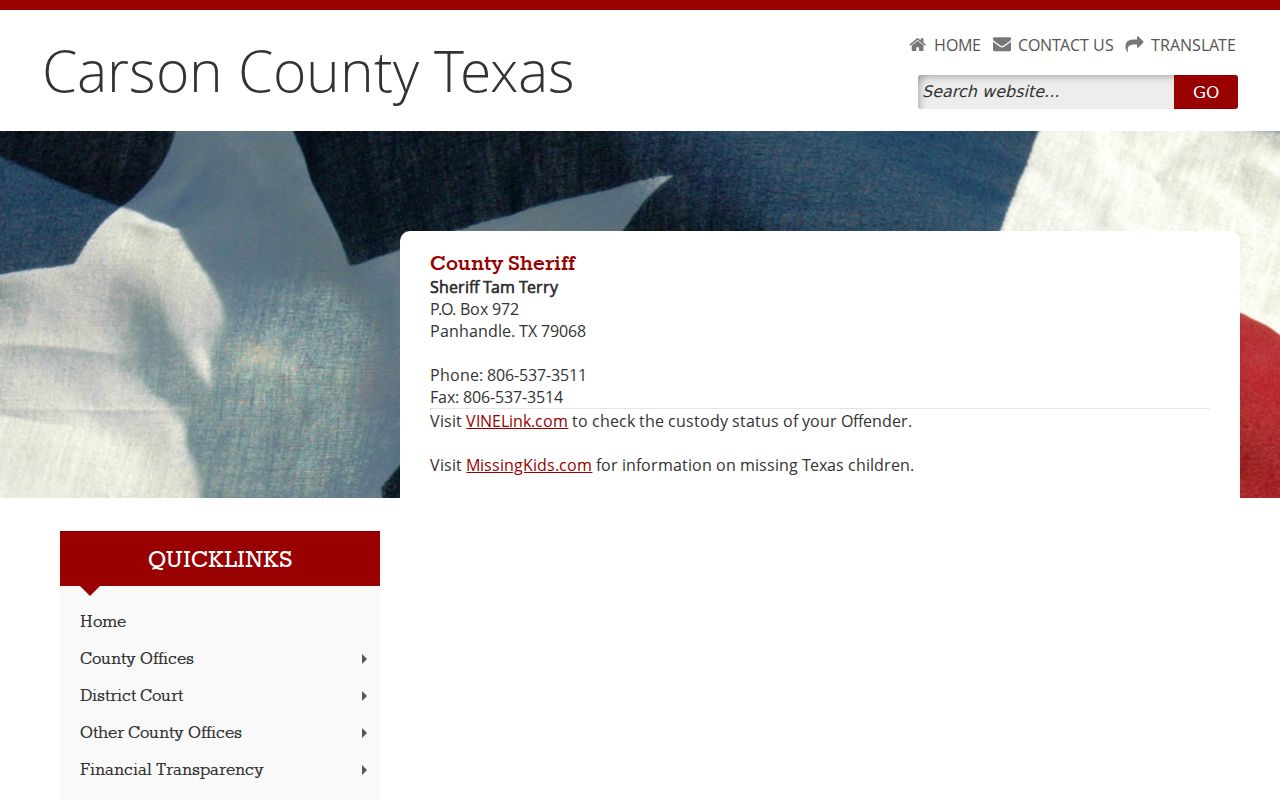 Carson County arrest warrant records, official Sheriff contact page